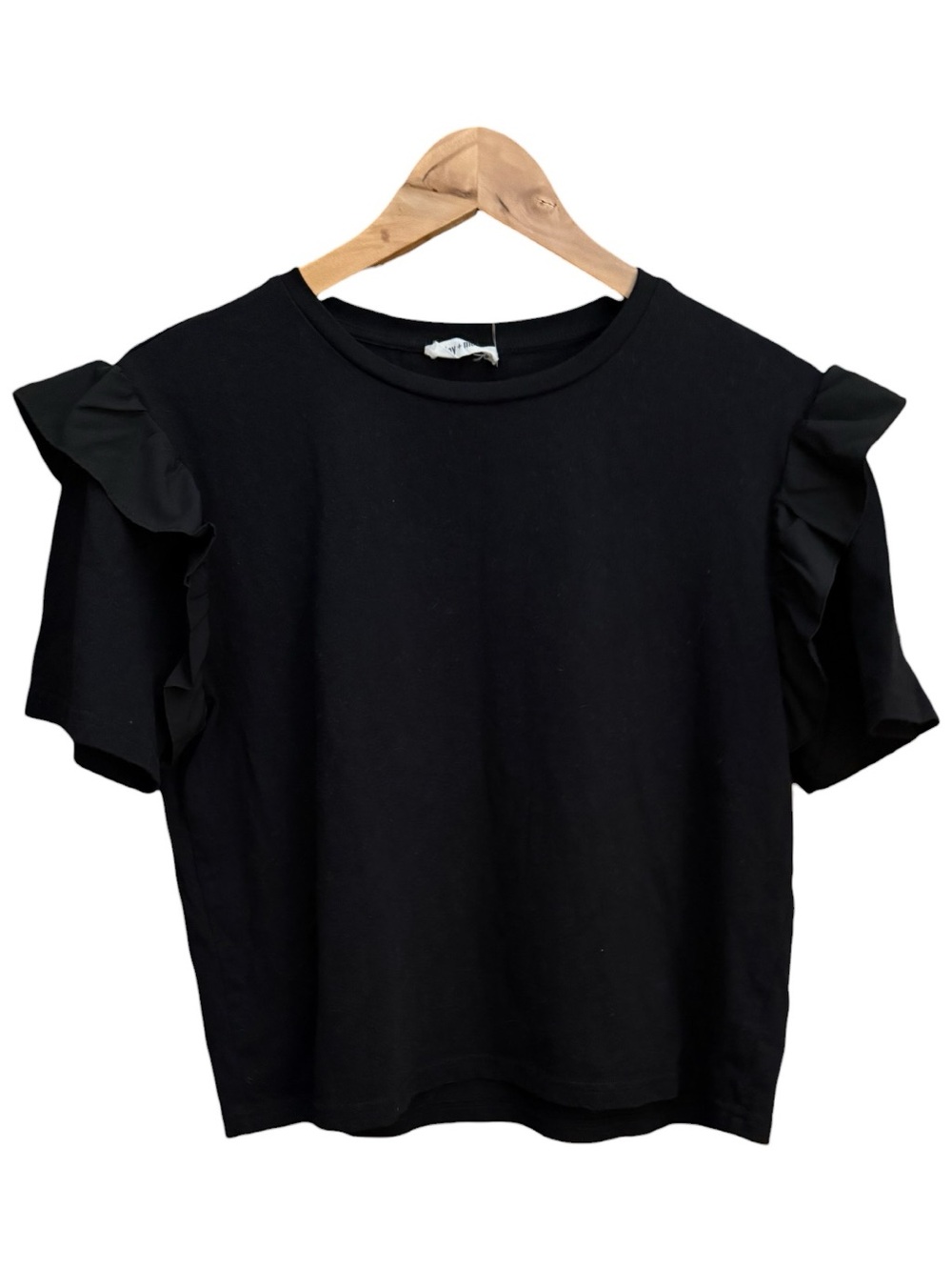 Day + Moon Black Ruffle Sleeve Short Sleeve Top Size Large